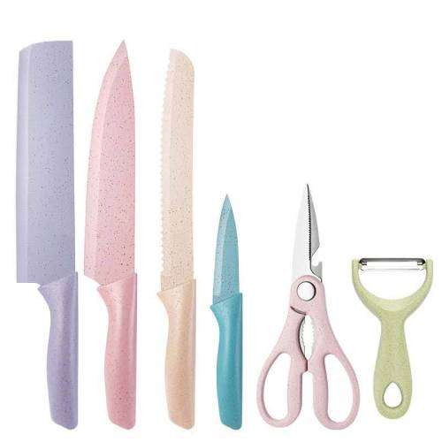 6pcs Kitchen Knife Set Corrugated Colorful Stainless Steel Chef Knife Bread Knife Cleaver Scissors