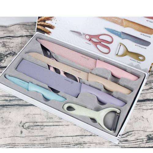 6pcs Kitchen Knife Set Corrugated Colorful Stainless Steel Chef Knife Bread Knife Cleaver Scissors