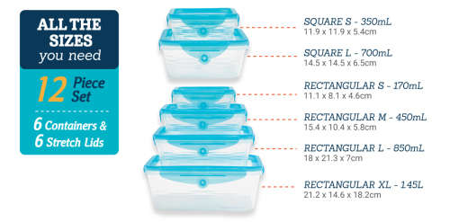 12 pcs Food Storage Containers with Stretch and Fit Lids!