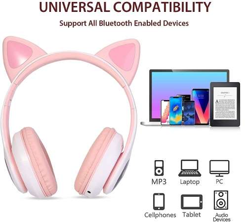 Cat Ear Wireless Headphones, LED Light Up Kids Bluetooth Headphones Over On Ear w/Microphone
