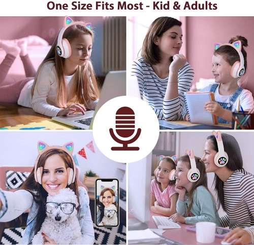 Cat Ear Wireless Headphones, LED Light Up Kids Bluetooth Headphones Over On Ear w/Microphone