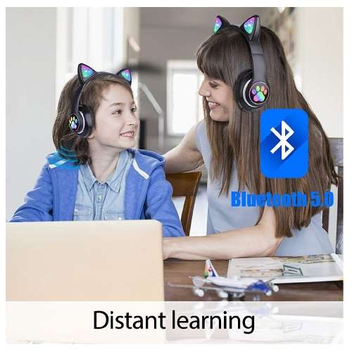 Cat Ear Wireless Headphones, LED Light Up Kids Bluetooth Headphones Over On Ear w/Microphone