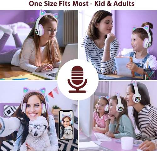 Cat Ear Wireless Headphones, LED Light Up Kids Bluetooth Headphones Over On Ear w/Microphone
