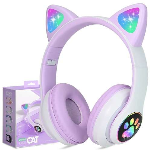 Cat Ear Wireless Headphones, LED Light Up Kids Bluetooth Headphones Over On Ear w/Microphone