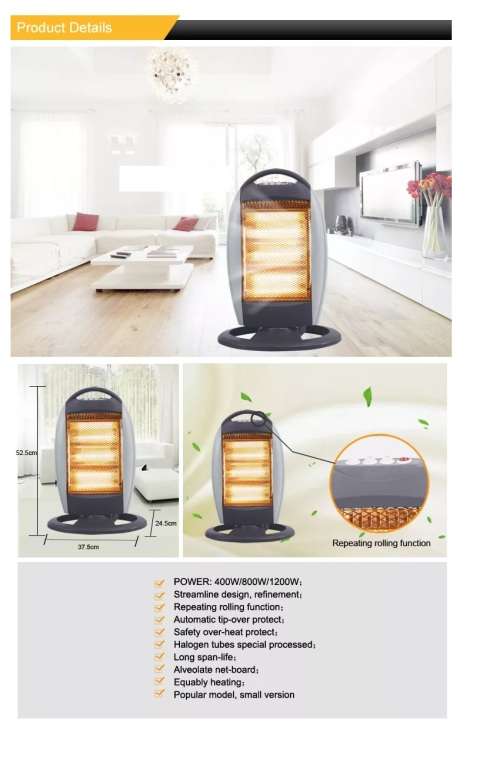 3 Bar Oscillating 1200W Quartz Heater, Tip-over switch, 1200w