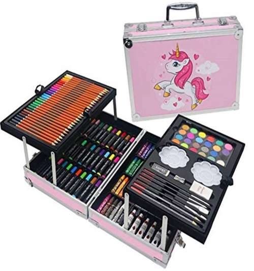 145Pcs Unicorn Kids Painting & Drawing Art Set With Aluminium Case - Pink