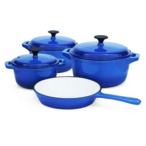 7 PIECE DUBBLE CAST IRON COOKWARE SETS, COLOURS AVAILABLE BLUE, RED OR ORANGE