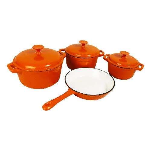 7 PIECE DUBBLE CAST IRON COOKWARE SETS, COLOURS AVAILABLE BLUE, RED OR ORANGE