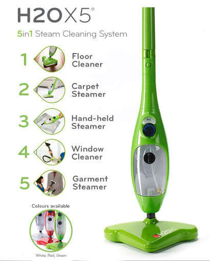 H2O Mop X5 5-in-1 Steam-Cleaning Machine Five-in-one functionality: floor, carpet, hand-held, window