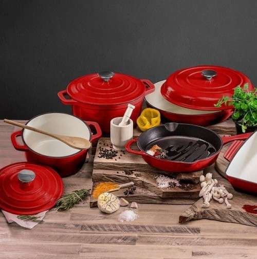 7 PIECE DUBBLE CAST IRON COOKWARE SETS, COLOURS AVAILABLE BLUE, RED OR ORANGE