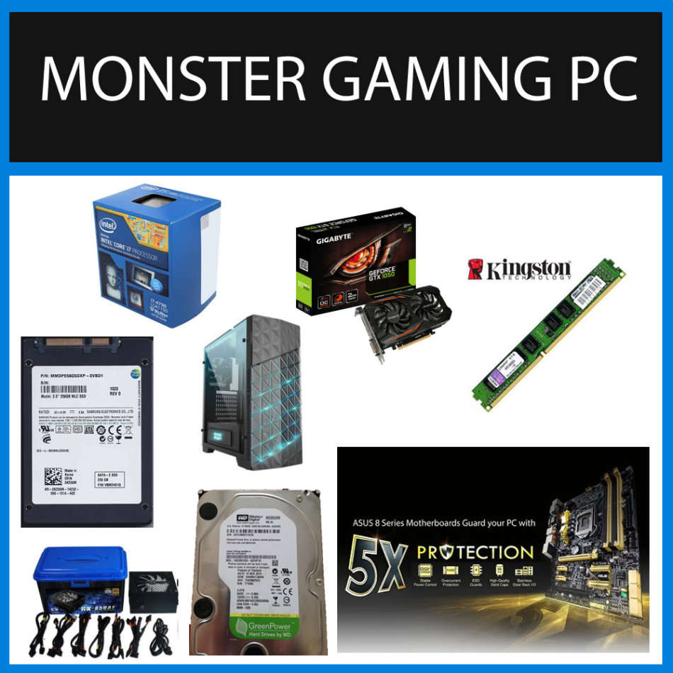 **MONSTER GAMING PC** i7 4790 @ 3.6GHz, Gigabyte GTX 1050 OC, 256SSD, 16GB RAM, 1200W PSU, and more