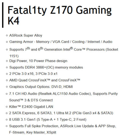 **ULTIMATE Z170** ASROCK FATALITY Z170 Gaming K4 1151 GAMING MOTHERBOARD
