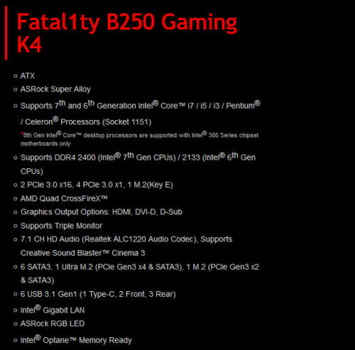 **ULTIMATE B250** ASROCK FATALITY B250 Gaming K4 1151 GAMING MOTHERBOARD