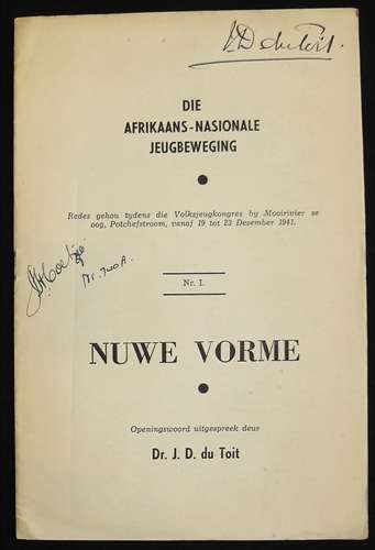 Die Afrikaans-Nasionale Jeugbeweging, Nuwe Vorme. du Toit, J.D. Dr. (Totius)