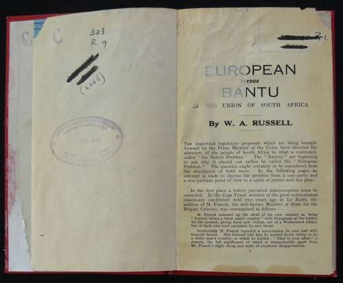 European versus Bantu in The Union Of South Africa. Russell. W.A.