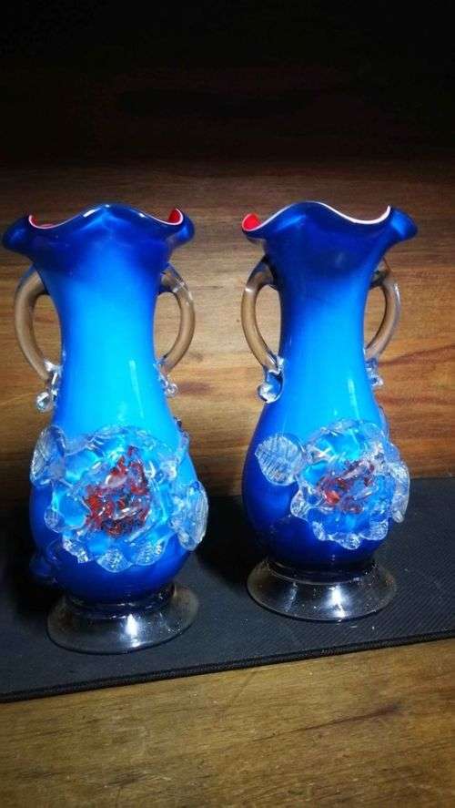 Stunning Pair Rose Blue, Red and White Maruno Glass Vases..