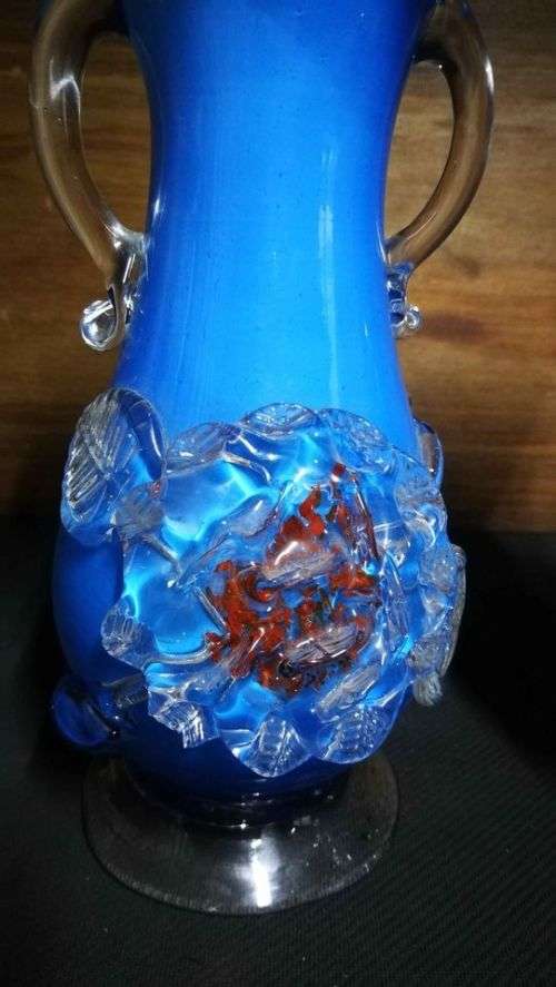 Stunning Pair Rose Blue, Red and White Maruno Glass Vases..