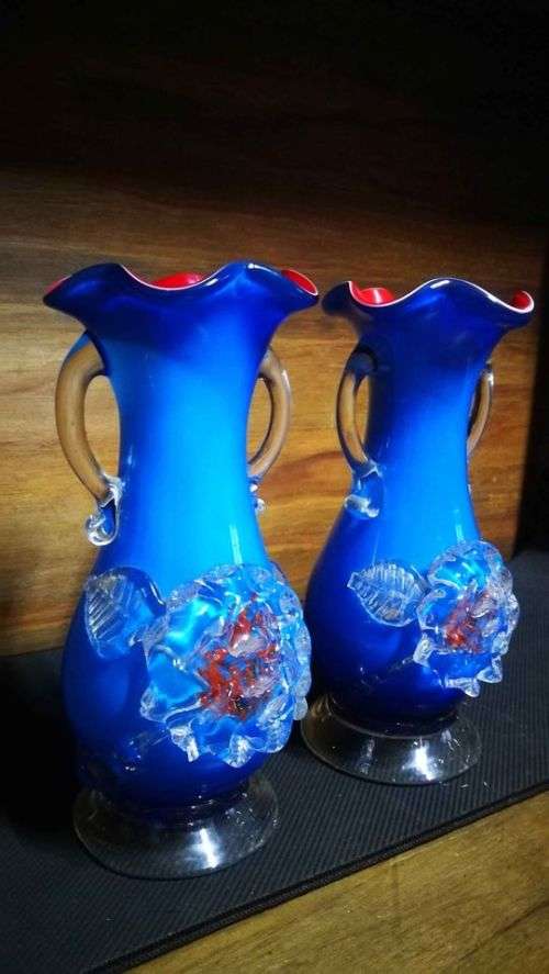 Stunning Pair Rose Blue, Red and White Maruno Glass Vases..