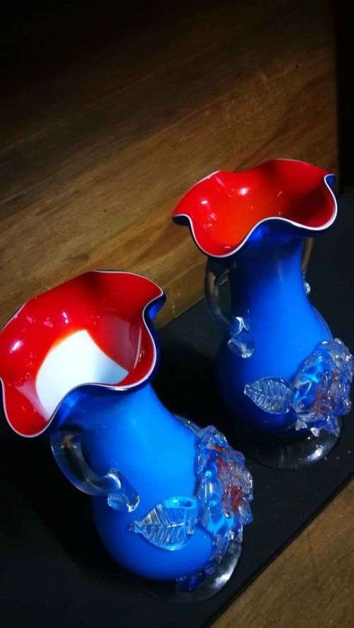 Stunning Pair Rose Blue, Red and White Maruno Glass Vases..