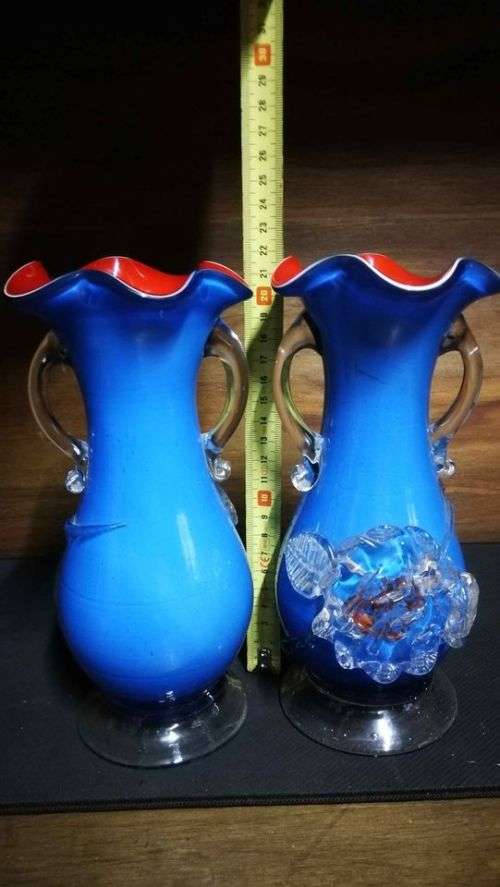 Stunning Pair Rose Blue, Red and White Maruno Glass Vases..