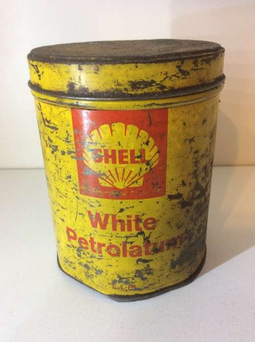 SHELL WHITE PETROLATUM OLD GREASE CAN / OIL CAN  - GREAT FIND - 1 POUND -