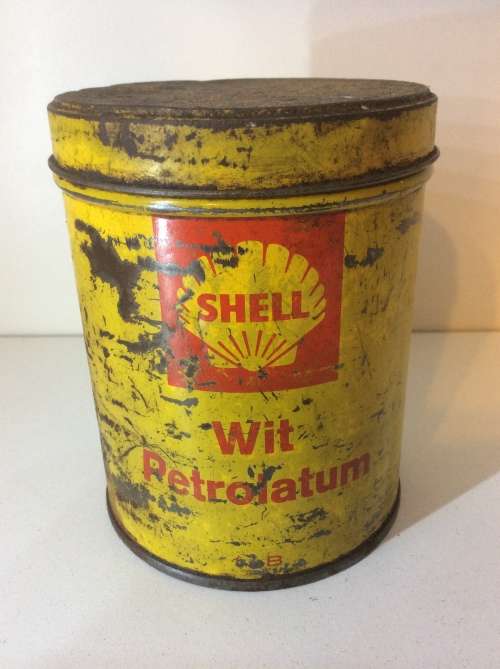 SHELL WHITE PETROLATUM OLD GREASE CAN / OIL CAN  - GREAT FIND - 1 POUND -
