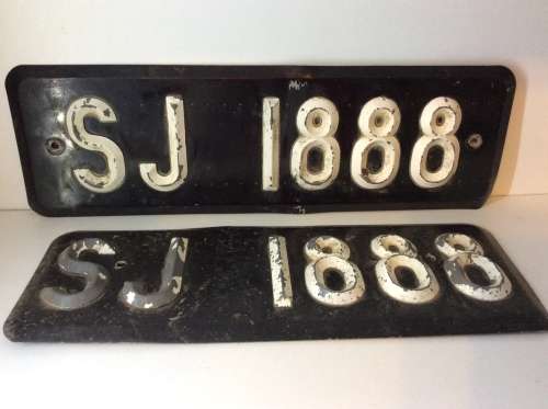 SET OF SJ OLD BLACK RAISED LETTER NUMBER PLATES -  GREAT OLD PLATES -