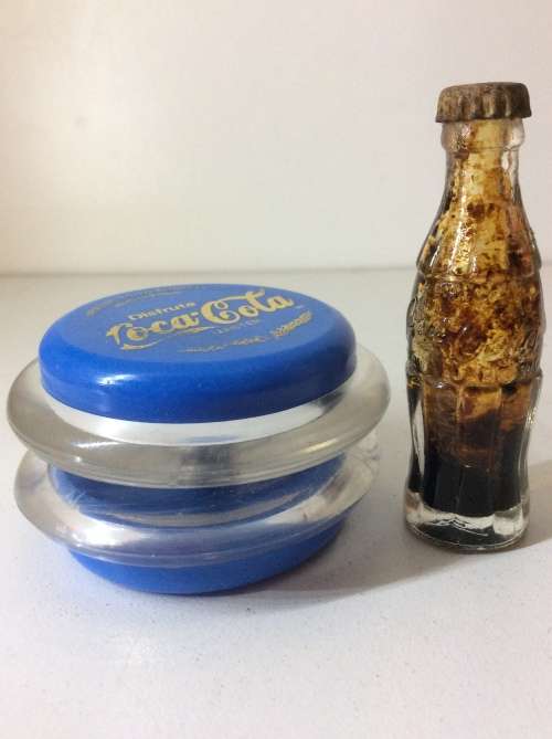 RUSSELL YO YO - MADE IN MEXICO BLUE WITH GOLD WRITING - PLUS MINIATURE COKE BOTTLE -