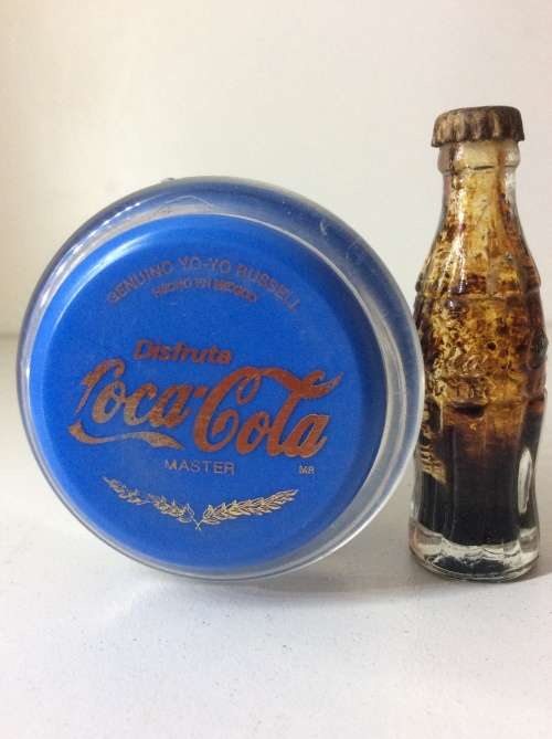 RUSSELL YO YO - MADE IN MEXICO BLUE WITH GOLD WRITING - PLUS MINIATURE COKE BOTTLE -