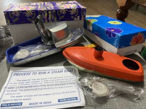 TWO POP TIN LITHO STEAM BOATS MADE IN INDIA - NEW OLD STOCK -