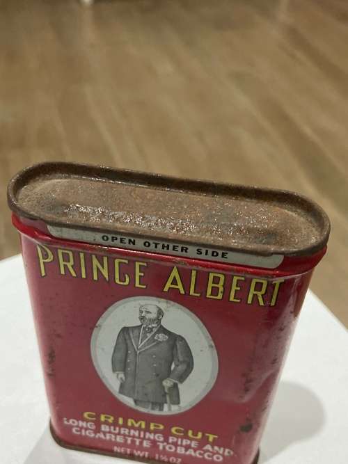 OLD PRINCE ALBERT CRIMP CUT TOBACCO TIN CIRCA 1950s