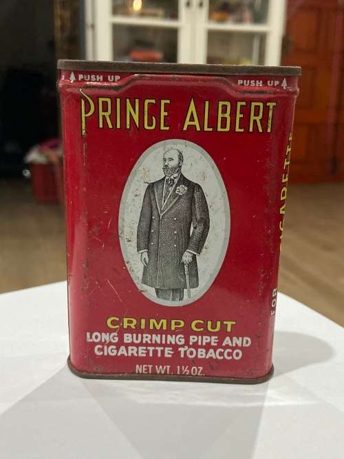 OLD PRINCE ALBERT CRIMP CUT TOBACCO TIN CIRCA 1950s