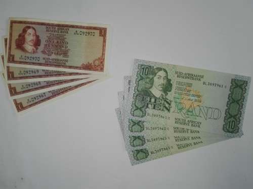 AUNC Sequential Four One Rand and Four Ten Rand Bank Notes