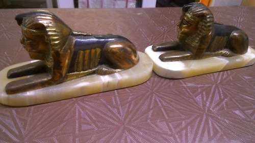 Stunning Heavy weight Handmade Pair Brass & copper Sphinx on Marble bases