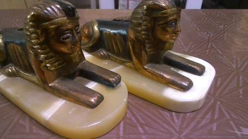 Stunning Heavy weight Handmade Pair Brass & copper Sphinx on Marble bases