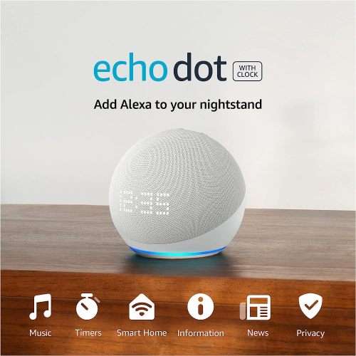 Echo Dot (5th Gen, 2022 release) with clock | Smart speaker with clock and Alexa | Glacier White
