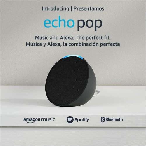 Echo Pop | Charcoal I Full sound compact smart speaker with Alexa | with US to SA Power Adaptor