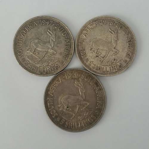 Lot of Three 5 Shillings 1947, 1948 and 1949 - 80% Silver