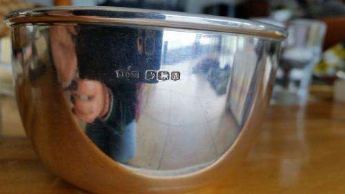 Sterling silver hallmarked christening bowl. Weight 160 g. Engraved with name.