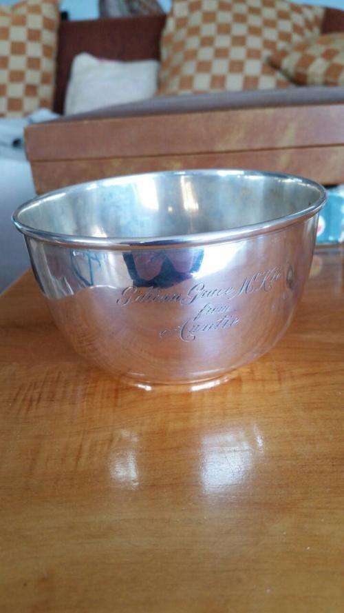 Sterling silver hallmarked christening bowl. Weight 160 g. Engraved with name.