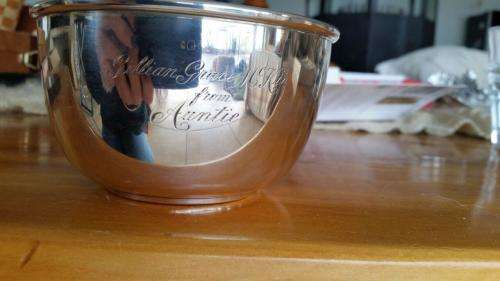 Sterling silver hallmarked christening bowl. Weight 160 g. Engraved with name.