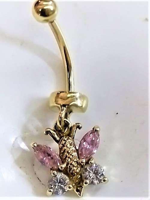 `STUNNING`  Ladies Diamond and Pink Tourmaline Belly Ring set in 9 carat Yellow gold