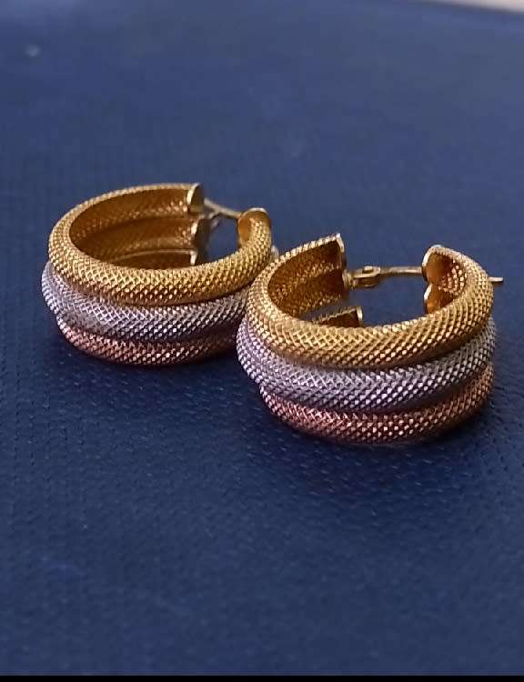 Triple Tone 9CT Yellow, White and Rose Gold Hoop Earrings ( Genuine Gold.)