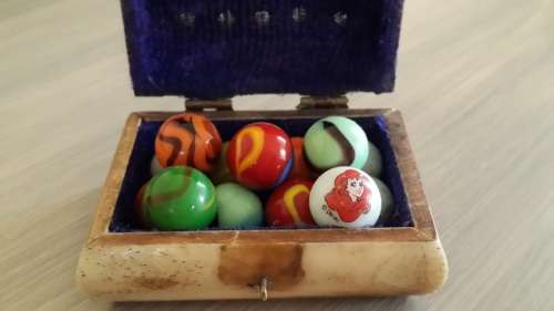 Vintage bone china & brass box with vintage marbles