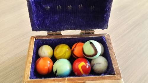 Vintage bone china & brass box with vintage marbles