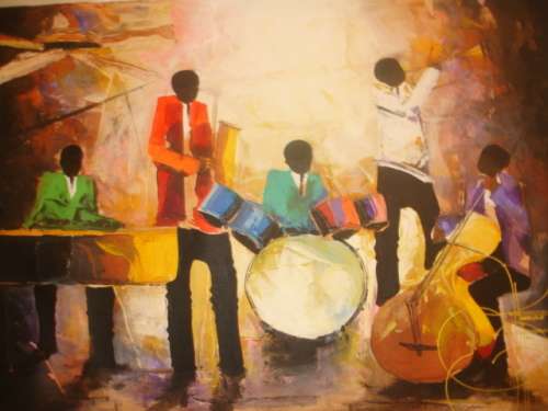 MUSICIANS BY NDABUKO NTULI.OIL ON CANVAS