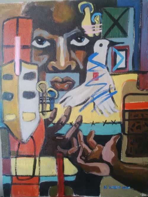 WELL DONE MASTER PIECE BY NHLANHLA XABA~~ OIL AND OBJECTS ON BOARD
