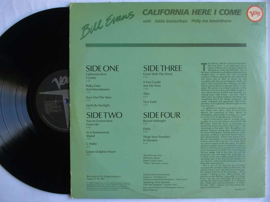 BILL EVANS - CALIFORNIA HERE I COME - USA VG  VG 2 LP GATEFOLD