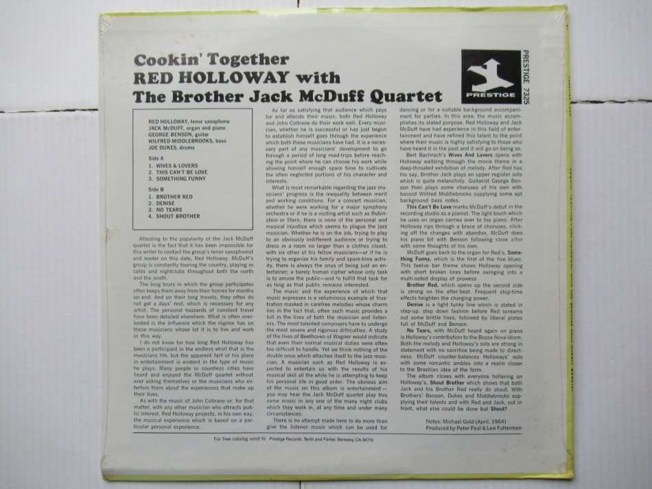 RED HOLLOWAY WITH THE BROTHER JACK MCDUFF QUARTET - COOKIN' TOGETHER - USA EX / EX SEALED