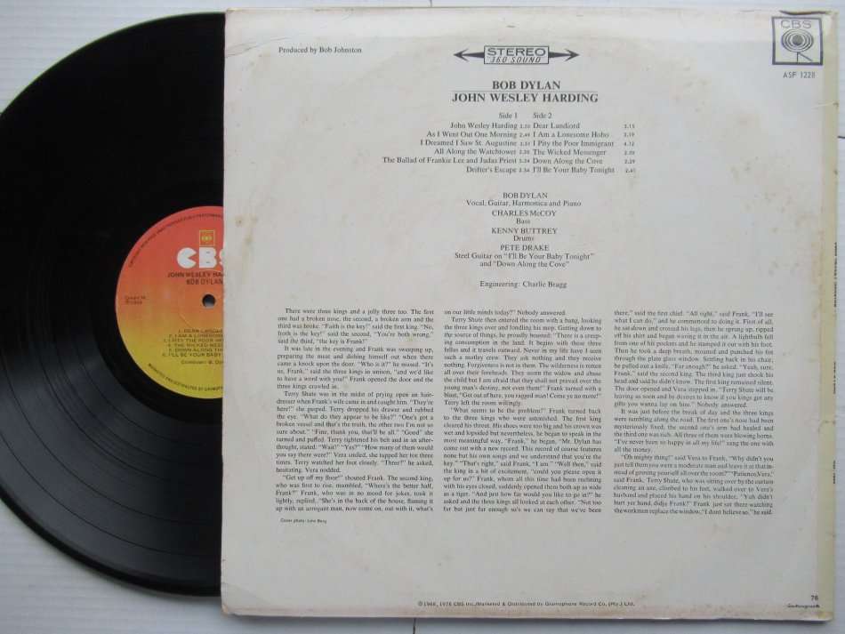 BOB DYLAN - JOHN WESLEY HARDING - RSA - VG / VG+